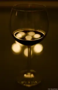 Das Bokeh wird bereits bei f/2.8 leicht zehneckig. Auto-Takumar 55mm f/1.8 Weinglas Rotwein