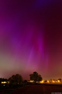 Der blaue Bereich oben rechts von der Mitte ist durch Leuchtreklame entstanden. Polarlicht Nordlicht Aurora borealis Dresden Mai 2024 Elbwiesen Sigma 14mm Arts f/1,8