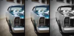 Die Fotos mit dem Pentax Asahi Super Takumar 8-element scheinen aus einer anderen Zeit zu stammen, f/1.4, Vollformat. Links: Wenig bearbeitete Version. Mitte: Verstärkung der Glanzeffekte mit 32-bit Wavelets. Rechts: Schwarz-Weiß-Variante des mittleren Fotos. Hochzeitsfotografie Auto Chrom Pentax Asahi Takumar 1.4/50